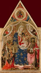 Madonna og barn, med en biskop, Johannes Døberen og engle, begyndelsen af det 15. århundrede.