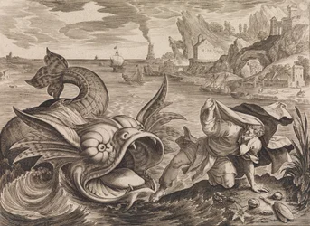 Jonah kastet på land ved fisken, ca. 1585