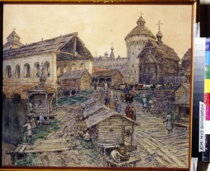 Opstandelsesbroen i Moskva i det 17. århundrede. Værk af Appolinari Mikhaylovich Vasnetsov (1856-1933), akvarel og pastel på papir