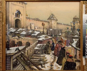 Moskva i det 17. århundrede, Boghandler på Kristus Frelserens bro (Moskva i det 17. århundrede, Boghandler på Kristus Frelserens bro) - Værk af Appolinari Mykhaylovich Vasnetsov (1856-1933), akvarel og hvid på pap