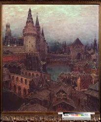 Moskva i det 17. århundrede, Dawn at the Resurrection Gate - Maleri af Appolinari Mikhaylovich Vasnetsov (1856-1933), olie på lærred