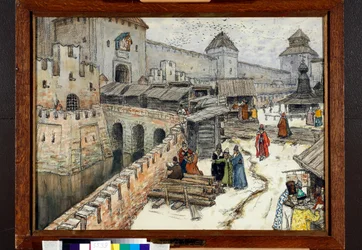 Moskva i det 17. århundrede, boghandlere på Kristi Frelsers bro - Værk af Appolinari Mykhaylovich Vasnetsov (1856-1933)