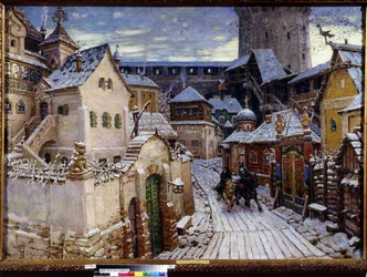 En meddelelse. En morgen i Kreml i Moskva. (A Heralds. Om morgenen i Kreml). Maleri af Appolinari Mikhaylovich Vasnetsov (1856-1933), olie på lærred