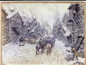 Gamle Moskva. Traditionel træarkitektur under sneen. Værk af Appolinari Mikhaylovich Vasnetsov (1856-1933), akvarel og kridt på papir