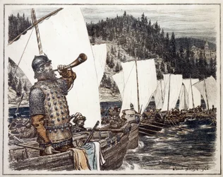 Yermak Timofeyevich (ca. 1540-1585) ved Irtysh-floden. (Yermak Timopheyevich på Irtysh). Episode af udforskningen og erobringen af ​​Sibirien, i 1583. Værk af Appolinari Mikhaylovich Vasnetsov (1856-1933), litografi 1916. Russisk kunst, 20.