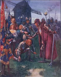 Prinsen for sin Fader knæler ydmygt: Hans er kampen - hans helt! illustration fra Ballads of Famous Fights, ca. 1900