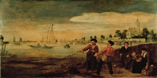 Fiskere på bredden af Amstel nær Pauwentuin, Amsterdam