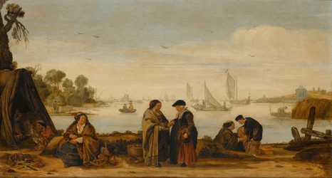 Flodlandskab med kvinder, der læser palmer