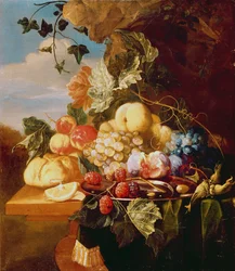 Stilleben med frugt og blomster