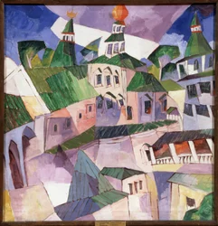 Kloster. Biskoppens domstol i det nye Jerusalem-kloster i Rusland. (Monastery. Bishop Courtyard in the New Jerusalem Monastery). Maleri af Aristarkh Vasilyevich Lentulov (Lentulov) (1882-1943), olie på lærred