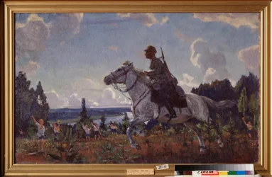Med en rapport. (En budbringer fra et kavaleriregiment af Den Røde Hær galopperer gennem landskabet, mødt af børn i socialistiske ungdomsuniformer). Maleri af Arkadi (Arkady) Alexandrovich Rylov (1870-1939), olie på lærred