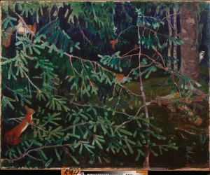 Skovens beboere. (Egern i grenene og en fugl, der hakker i en stamme). Maleri af Arkadi (Arkady) Alexandrovich Rylov (1870-1939), olie på lærred