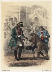 Kong Charles XIV (Jean de Suede) (John Baptiste Bernadotte) (1763-1844) tildeles en medalje af sin tidligere lærer - Gravering af Telory