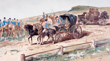 En postillion monteret på en vognhest, 1800-tallet, 1886