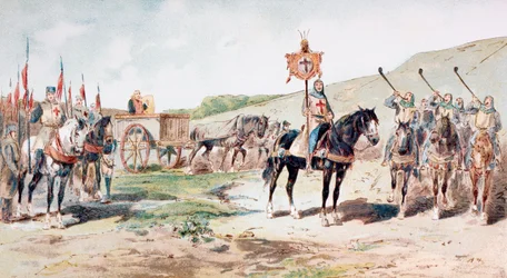 Korsfarere på march i det 11. århundrede med en hestetrukket forsyningsvogn, 1886