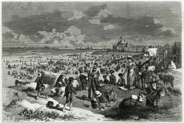 Oostende Strand. Gravering af A.Heins, for at illustrere historien ""La Belgique"", af Camille Lemonnier (1844-1913), forfatter og kunstkritiker. Udgivet i Tour du monde new journal des voyages