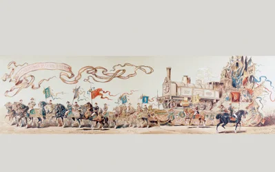 Billede, der fejrer 50-året for det belgiske jernbanesystem fra 1835 til 1885, 1886