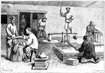 En papirfabrik, Kina, 1895.