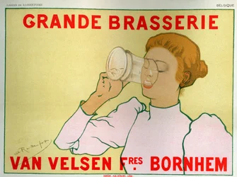 Mad og drikke. Big Brewery Van Velsen, Belgien. Plakat af Armand Rassenfosse, Belgien, ca. 1890 (plakat)