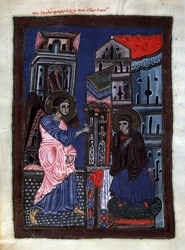 Bebudelsen. Ærkeenglen Gabriel besøger Jomfru Maria. Belysning af mesteren af ​​Codex Matenadaran (1200-tallet), miniature, akvarel på pergament