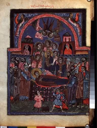 Jomfruens Dormition. (Jomfruens Dormition). Belysning af mesteren af ​​Codex Matenadaran (1200-tallet), miniature, akvarel på pergament