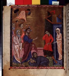 Lazarus opstandelse (Lazarus opstandelse). Belysning af mesteren af ​​Codex Matenadaran (1200-tallet), miniature, akvarel på pergament
