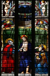 Den opstandne Kristus tager hånden af Sankt Thomas for at få ham til at se sine sår og rører med den anden hånd Sankt Maria Magdalenas pande - Glasmaleri fra kapellet Notre Dame d