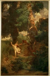 Syrinx von Pan verfolgt - Syrinx flygter foran Pan ... (maleri på lærred)