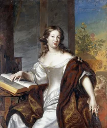 Portræt af en dame, siddende trekvart længde, i hvid kjole og pelsforet kappe, 169-