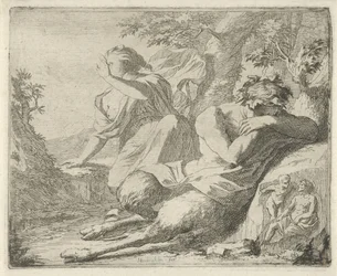Satyr og kvindelig figur dækker øjnene fra sollys Scene med syndestatuer åbnet til tjeneste for malere, statueholdere osv. (serietitel)