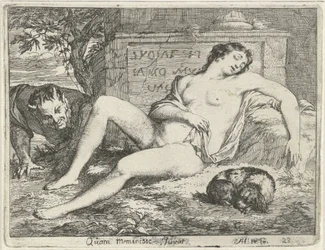 Sovende nymfe med en hund spioneret af en satyr Quam meminisse Juvat (titel på objekt) Scene med syndestatuer åbnet til tjeneste for malere, statueholdere osv. (serietitel)