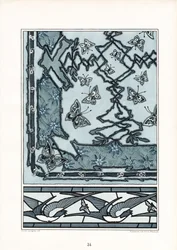 Art Nouveau dekorativt mønster med svaler og sommerfugle (litografi)