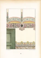 Art Nouveau-indretning med ornamentale vægfriser og våbenskjold (litografi)