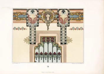 Art Nouveau-vægdekoration med iris og figurativt design (litografi)