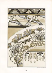 Dekorative art nouveau-ornamenter med fugle- og viftemotiver (litografi)