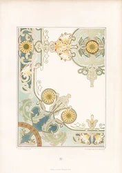 Elegant hjørneornament med solsikkemotiver (litografi)