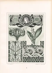 Liljekonval-ornamentik med kvindeportræt-medaljon (litografi)