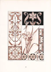 Narcissusmotiver og geometriske ornamenter i rosafarvede toner (litografi)
