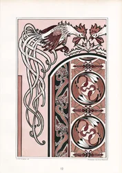 Ornamental bogdekoration med haner (litografi)