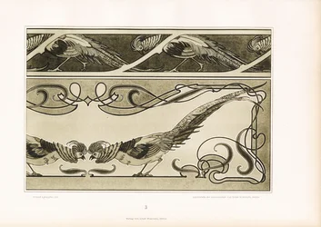 Ornamentale kanter med stiliserede fasaner og lineære ornamenter (litografi)
