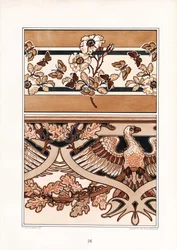 Ornamentale kompositioner med blomster, sommerfugle og ørn (litografi)