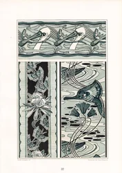 Ornamentale kompositioner med svaner og sommerfuglemotiver (litografi)
