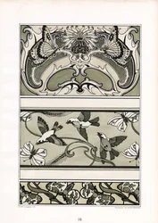 Ornamentale friser med fugle, sommerfugle og blomstermotiver (litografi)