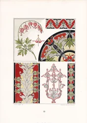 Ornamentale studier med blødende hjerter og stiliserede bladmotiver (litografi)
