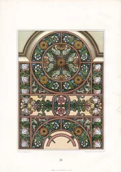 Ornamental vinduesbue med solsikker og tulipaner (litografi)