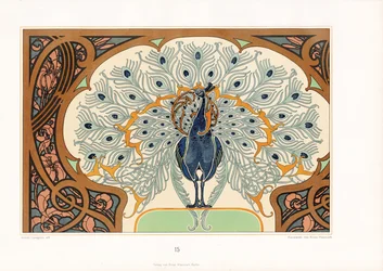 Påfugl i ornamental indramning med art nouveau-dekoration