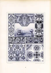 Valmuemotiver og geometriske ornamenter i blå toner (litografi)