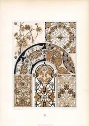 Stiliserede blomstermønstre i guldbrune toner (litografi)