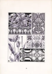 Stiliserede liljemotiver i forskellige ornamentale former (litografi)
