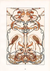 Symmetrisk art nouveau-ornament med guldsmede, hejrer og mytiske væsner (litografi)